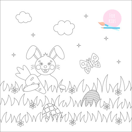 Easter coloring page for kids. Cute rabbit with a carrot on a lawn. Illustration in a flat style.の写真素材