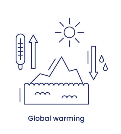 Problem global warming line icon. Global temperature rise, melting ice, sea level rise, climate change. Illustration with the caption, isolated on a white background.の写真素材