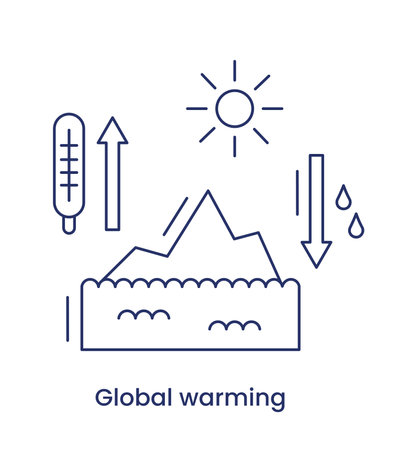 Problem global warming line icon. Global temperature rise, melting ice, sea level rise, climate change. Vector illustration with caption, isolated on a white background.のイラスト素材