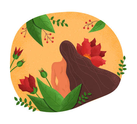 Woman in nature leaves, flat style. A girl sits with her back in red flowers and green leaves. Cute vector illustration.のイラスト素材