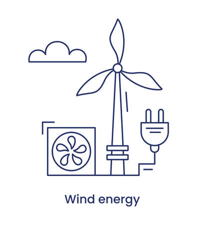 Wind energy icon ESG concept. Renewable energy. Line illustration with caption, isolated on a white background.の写真素材