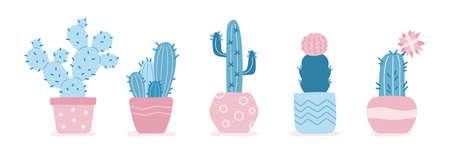 House plants, blue cacti in flat style. Set of cute cacti in flower pots. Blue, pink, white colors. Trendy hand-drawn Scandinavian cartoon doodles. Vector illustration.のイラスト素材