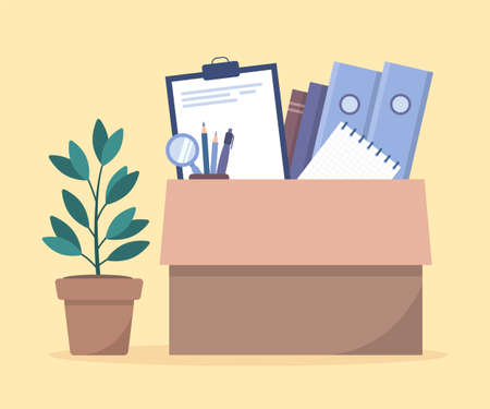 Moving new office concept, flat style. Office accessories in a cardboard box and a houseplant. Folders, notebooks, books, and stationery. Vector illustration on white background.のイラスト素材