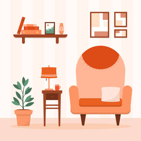 Cozy room with furniture in flat style. Living interior with armchair and table in the house. Cute vector illustration.のイラスト素材