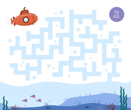 Labyrinth for childrens. Logical quest for teaching and entertaining children. Help a submarine dive to the seabed. Cute vector illustration.のイラスト素材