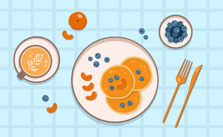Pancakes on a plate with blueberries, mandarin slices and a cup of coffee. Vector illustration in flat style.のイラスト素材