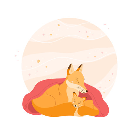 Baby animal concept illustration. Character for children in flat style. Cute fox and her little fox are sleeping under a blanket. Vector illustration for nursery.のイラスト素材