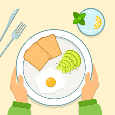 Breakfast with avocado, slices of bread, eggs, avocado slices on a plate. Cute vector illustration in flat style.のイラスト素材