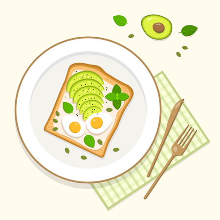 Healthy delicious toast with avocado and eggs on a plate. Vector illustration in a flat style.のイラスト素材