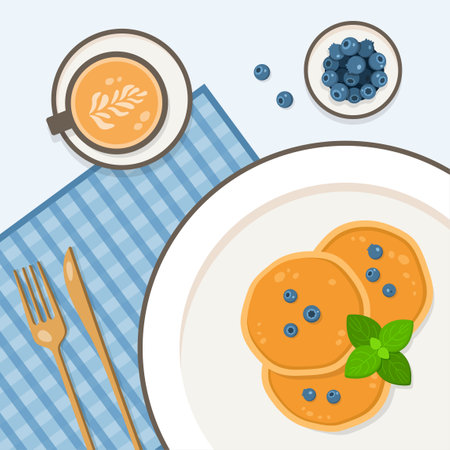 A delicious breakfast of pancakes with blueberries on a plate and a cup of coffee. Cute vector illustration in flat style.のイラスト素材