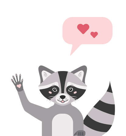 Character for childrens in flat style. A cute raccoon waving his paw merrily. Vector illustration isolated on a white background.のイラスト素材