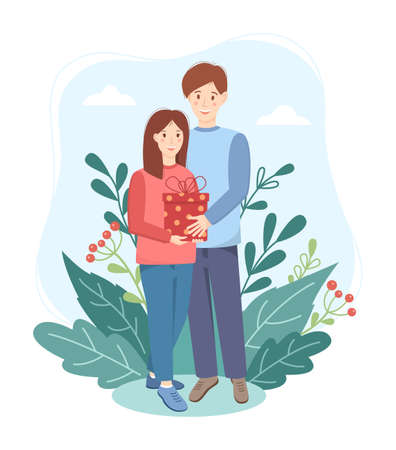 Happy man woman, gift concept. Young people standing hugging and holding a gift in their hands. Natural background of green leaves. Cute vector illustration.のイラスト素材
