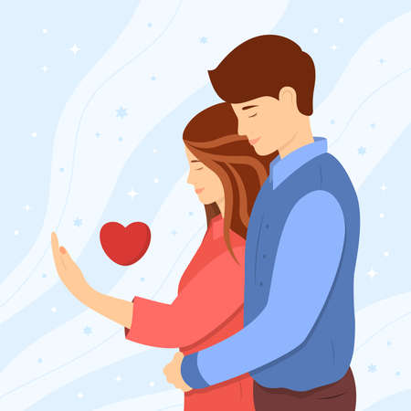 Cute hugs and support concept. A happy young couple. Man and woman standing, expressing care and love. Cute vector illustration in a flat style.のイラスト素材