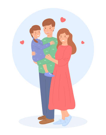 Young family kid together, flat style. Happy parents with their young daughter. Family values. Cute illustration.の写真素材