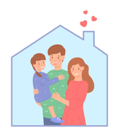 Young family kid together, flat style. Happy parents with a young daughter in the shape of a home. Family values. Cute vector illustration.のイラスト素材