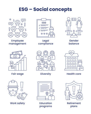Set icons social, ESG concept. Icons with captions. Vector illustration isolated on a white background.のイラスト素材