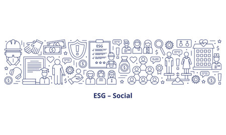 Set icons, ESG social concept. The icons are in the centre of the banner, the headline below them. Banner. Template. Vector illustration isolated on a white background.のイラスト素材