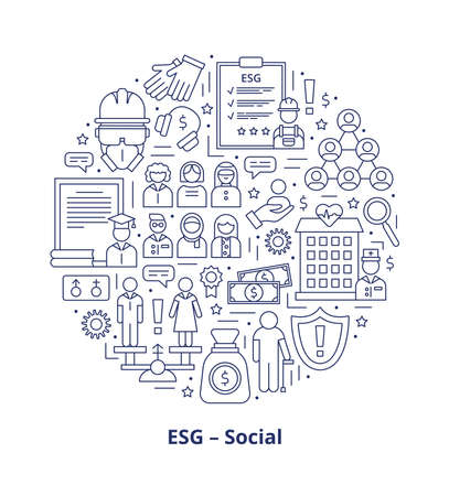 Set icons, ESG social concept. Icons arranged in a circle shape with a heading at the bottom. Illustration isolated on a white background.の写真素材