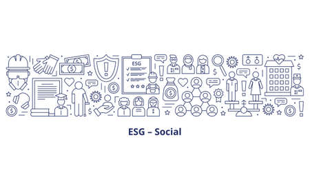 Set icons, ESG social concept. The icons are in the center of the banner, the headline below them. Banner. Template. Illustration isolated on a white background.の写真素材