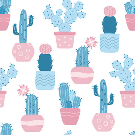 Houseplants, blue cacti in flat style. Vector seamless pattern with different cacti in flower pots. Blue, pink, white colors. Cute hand-drawn background with desert plants. Vector illustration.のイラスト素材