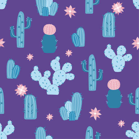 Houseplants, blue cacti in flat style. Vector seamless pattern with different cacti. Blue, pink, and purple colors. Cute hand-drawn background with desert plants. Vector illustration.のイラスト素材