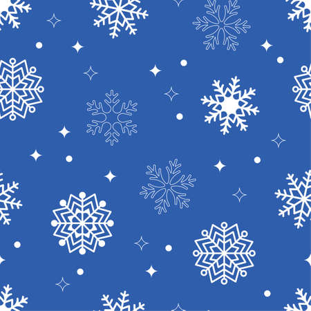 Blue snowflake concept pattern. Vector Christmas seamless pattern. Cute background with white snowflakes of different shapes. Lots of cold flaky elements on blue background. Vector illustration.のイラスト素材