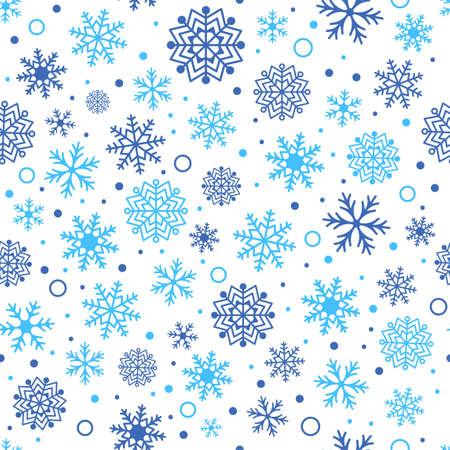 Blue snowflake concept pattern. Vector Christmas seamless pattern. Cute background with blue snowflakes of different shapes and sizes. Lots of cold flaky elements on white background. Vector illustrationのイラスト素材