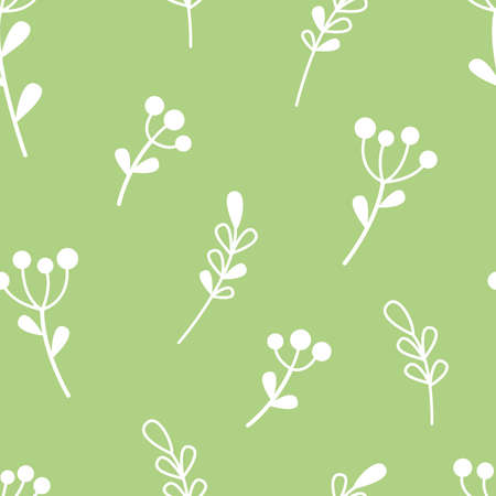 Plant pattern, minimalism concept. Seamless pattern. Cute background with twigs and leaves of different shapes on a green background. Vector illustration.のイラスト素材