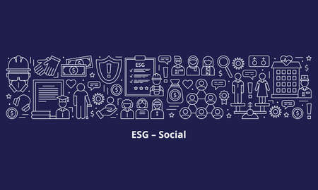 Set icons, ESG social concept. The icons are in the centre of the banner, the headline below them. Banner. Template. Vector illustration isolated on a dark background.のイラスト素材