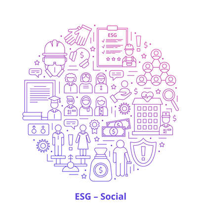 Set icons, ESG social concept. Icons arranged in a circle shape with a heading at the bottom. Gradient. Vector illustration isolated on a white background.のイラスト素材