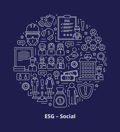 Set icons, ESG social concept. Icons arranged in a circle shape with a heading at the bottom. Illustration isolated on a dark background.の写真素材