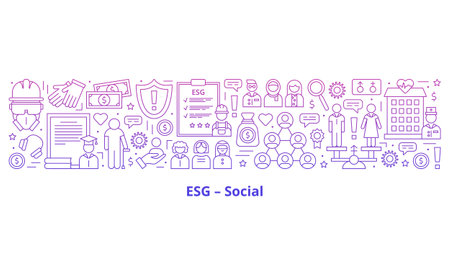 Set icons, ESG social concept. The icons are in the centre of the banner, the headline below them. Banner. Template. Gradient. Illustration isolated on a white background.の写真素材