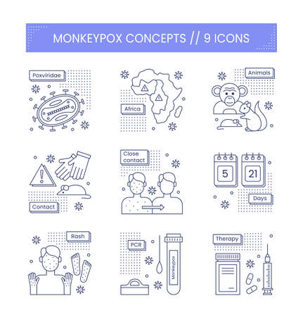 Monkeypox virus medicine concept. A set of icons about monkeypox. Vector line illustration isolated on a white background.のイラスト素材