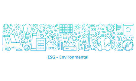Set of ESG, ECO, BIO icons. ESG environmental criteria, the icons are at the top of the banner, the header is at the bottom. Gradient. Banner. Template. Vector illustration isolated on white backgroundのイラスト素材