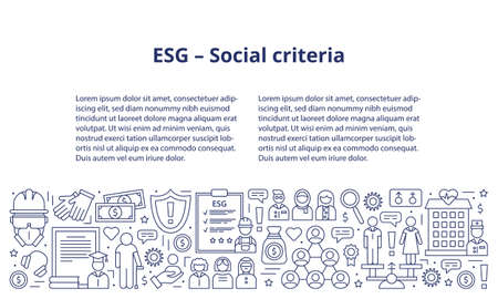 Set icons, ESG social concept. The icons are at the bottom of the banner, and the header and text template are at the top. Banner. Template. Illustration isolated on a white background.の写真素材