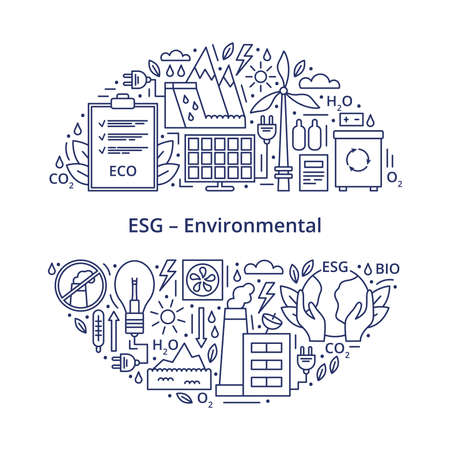 Set of ESG, ECO, BIO icons. ESG environmental criteria, icons arranged in the shape of a circle with an inscription in the center. Template. Line illustration.の写真素材