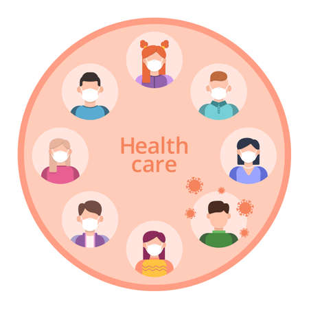 Health care monkeypox virus concept. A group of people wearing medical masks. Vector illustration in flat style.のイラスト素材