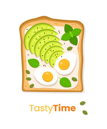 Healthy toast with avocado and an egg on white background. Cute vector illustration.のイラスト素材