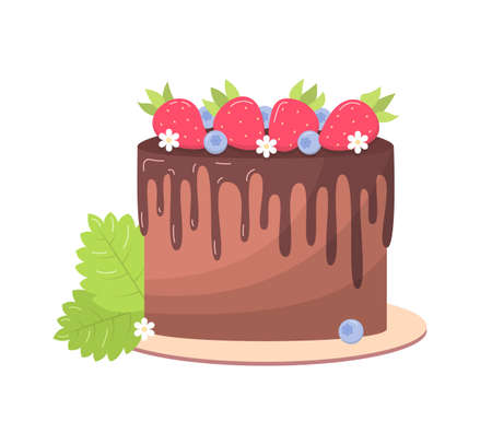 Delicious chocolate cake with strawberries and blueberries. Cute illustration in a flat style.の写真素材