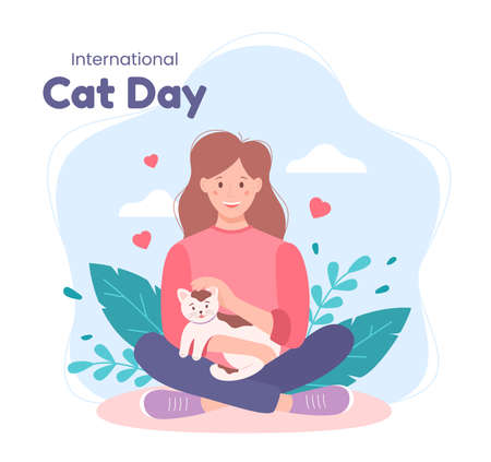 International Cat Day human, flat style. Happy girl holding her cat in her arms. Cute vector illustration, isolated on a white background.のイラスト素材