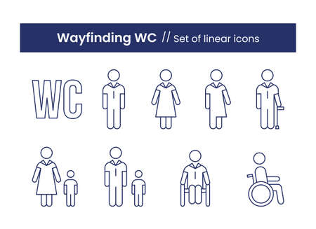 Wayfinding WC linear icons set. Vector illustration isolated on a white background.のイラスト素材