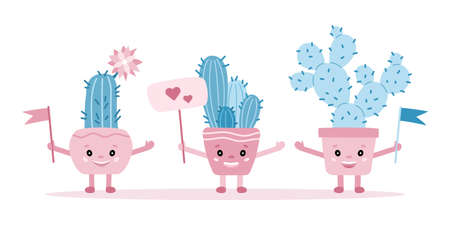 Cactus characters concept. Cute blue cacti with flags and a sign with hearts. Vector illustration for children and adults in cartoon style.のイラスト素材