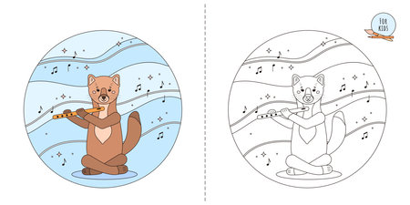 Cute animal concept for children, cartoon style. Coloring page for children and adults. The sable is playing the flute. Vector illustration.のイラスト素材