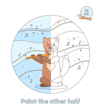 Cute animal concept for children, cartoon style. Coloring page for children and adults. The sable is playing the flute. Vector illustration.のイラスト素材