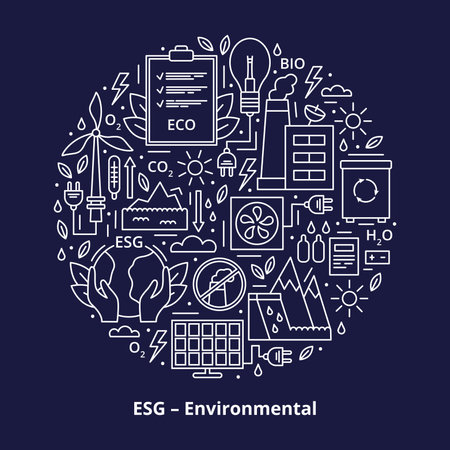Set of ESG, ECO, BIO icons. ESG environmental criteria, icons placed in the form of a circle. Illustration isolated on dark background.の写真素材