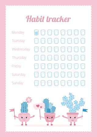 Habit tracker concept. Water balance tracker calendar. Cute blue cacti with flags and a sign with hearts. Printable template. A page for effective planning. Paper sheet. Cute illustration.の写真素材