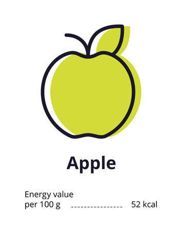 Healthy vegetarian product icon. A tasty apple icon. Energy value of an apple. Vector illustration on white background.のイラスト素材