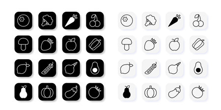A set of linear healthy food icons. Two icon set options. Vector illustration isolated on a white background.のイラスト素材