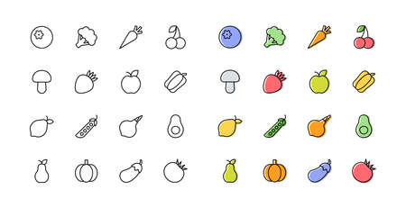 A set of linear healthy food icons. Two icon set options. Vector illustration isolated on a white background.のイラスト素材