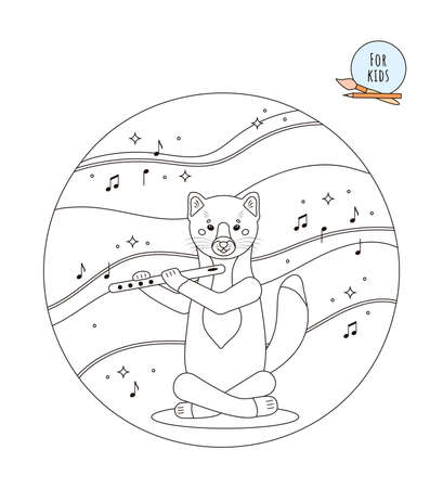 Cute animal concept for children, cartoon style. Coloring page for children and adults. The sable is playing the flute. Illustration on a white background.の写真素材